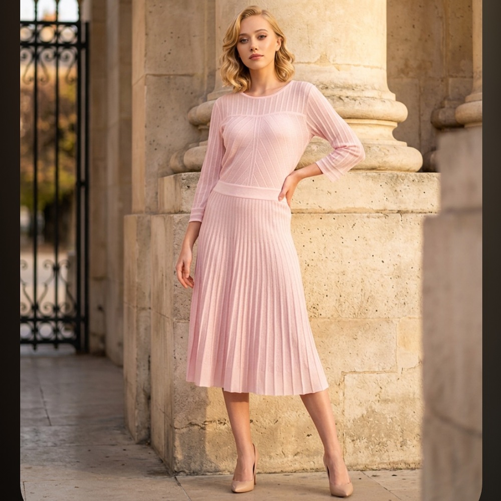 MISOOK Dress Pink Blush Pleated Classic Knit Midi Rose Pedal Elegant